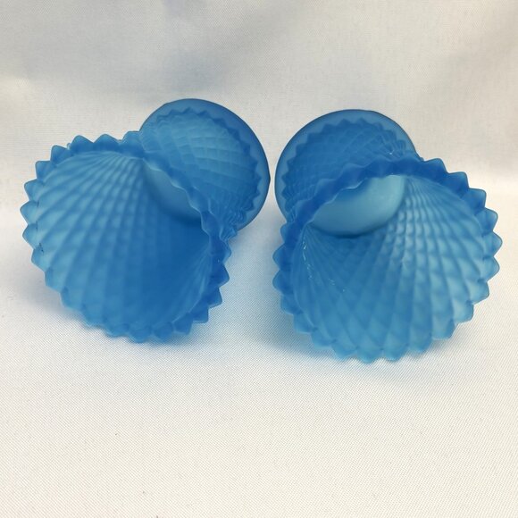 Blue Glass Vintage Candle Holder Inserts 3.5" Diamond Pattern Votive Cups 2 pcs - Picture 3 of 12